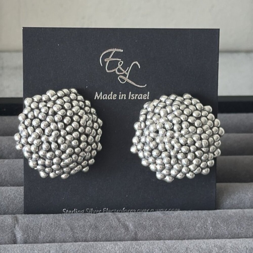 E&L Sterling Silver Bubble Round Popcorn Earrings Electroform Israel NEW